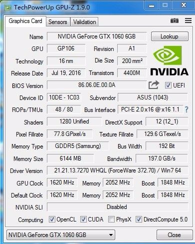 华硕Gtx1060接口跑分的简单介绍